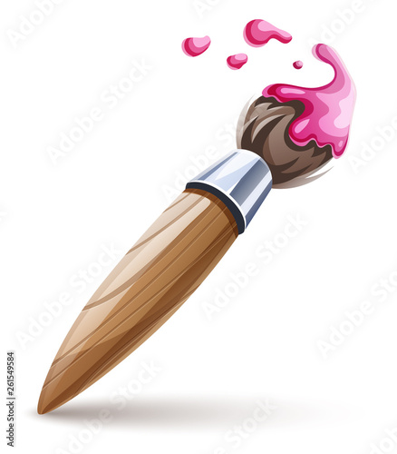 Art brushe for drawing and painting with pink paint spray and drops. Isolated on white transparent background. Eps10 vector illustration.