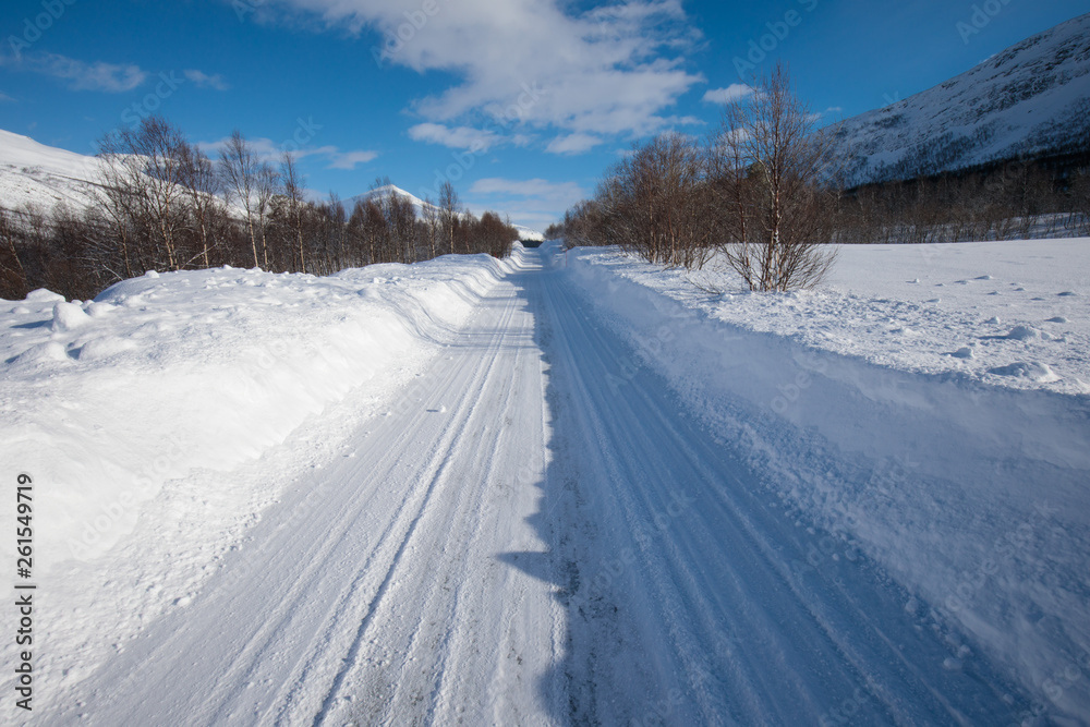 Fresh snow on the Troms county after a short winter in May. A beautiful frosty landscape in winter Winter landscape in norway or sweden during a sunny day road and scenic landscape in Alps mountains Fresh snow on the Troms county after a short winter in May. A beautiful frosty landscape in winter Winter landscape in norway or sweden during a sunny day road and scenic landscape in Alps mountains