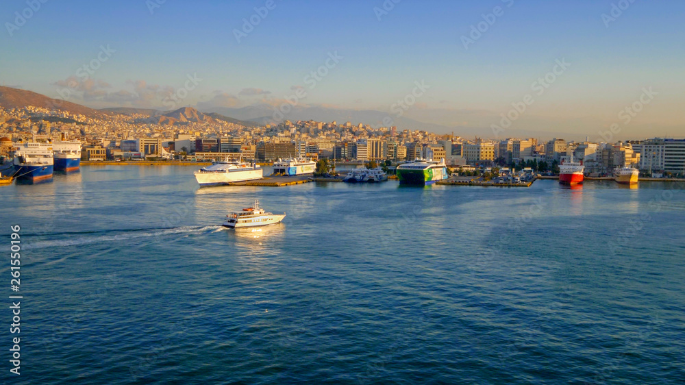 Port of Piraeus in Athens, Greece is the largest Greek seaport, logos blurred for commercial use