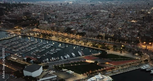 Wallpaper Mural BARCELONA, SPAIN - SEPTEMBER 1, 2018:  View from drones of sailboats and yachts in old port of Barcelona and gothic quarter at  night Torontodigital.ca