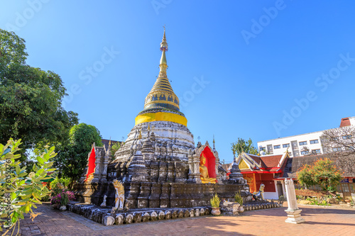 Golden decorated pagoda at Wat Bubparam Temple. Chiang Mai, North of Thailand