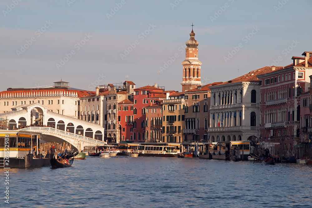 Shipping over Canale Grande, beautiful architecture and Gondolas in Venice