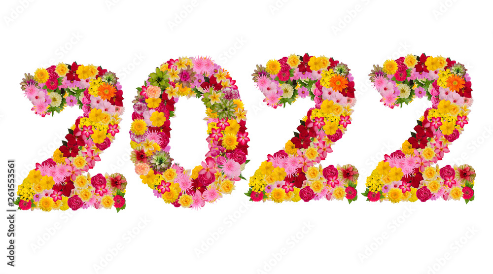 Inscription 2022 from fresh flowers isolated on white background. Happy New Year Concept.With clipping path