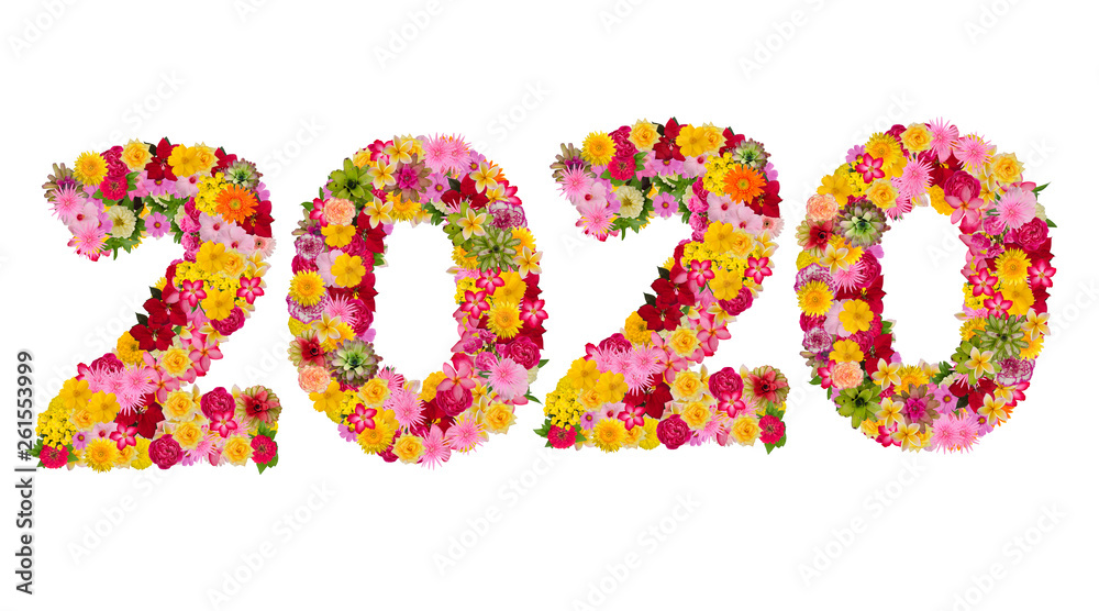 Inscription 2020 from fresh flowers isolated on white background. Happy New Year Concept.With clipping path