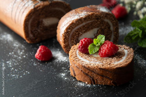 Photographie Delicious chocolate roll sponge cake with vanilla cream and mint leaves