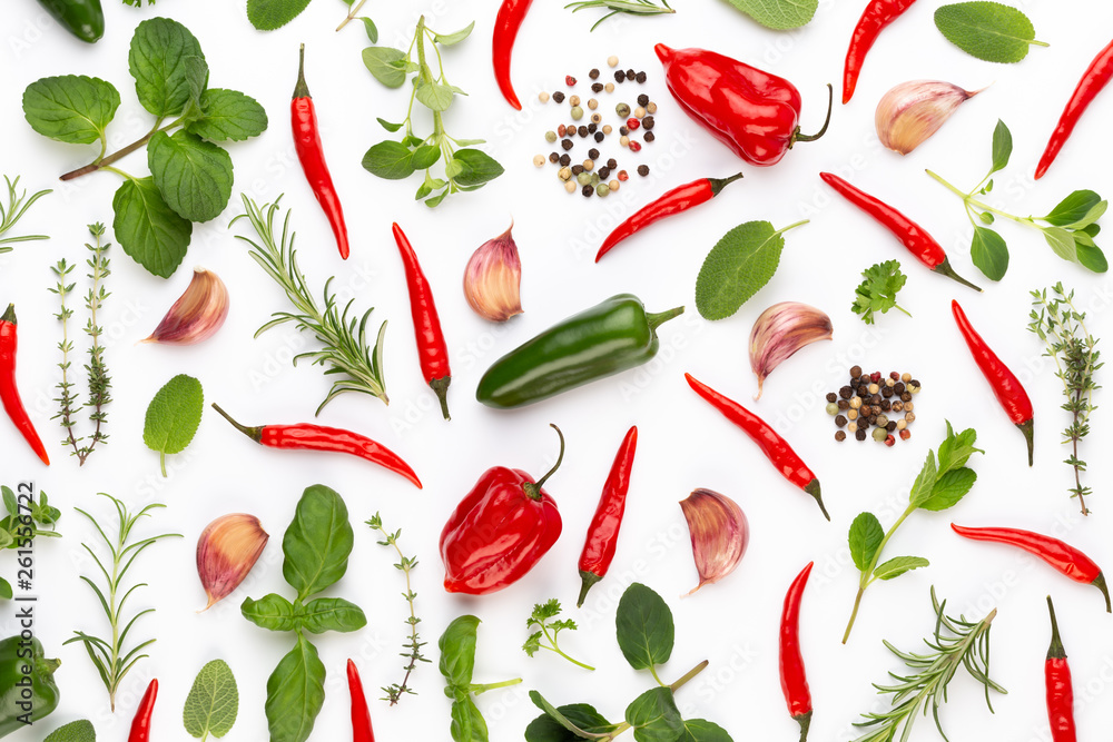 Spice herbal leaves and chili pepper on white background. Vegetables pattern. Floral and vegetables on white background. Top view, flat lay. Spice herbal leaves and chili pepper on white background. Vegetables pattern. Floral and vegetables on white background. Top view, flat lay.