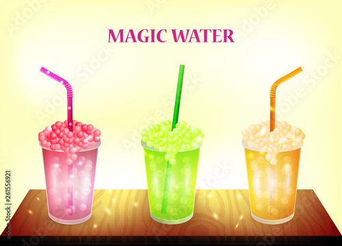 Color banner - three magic water on table. Glass with fruit cocktail and a pipe. vector illustration on a white background.