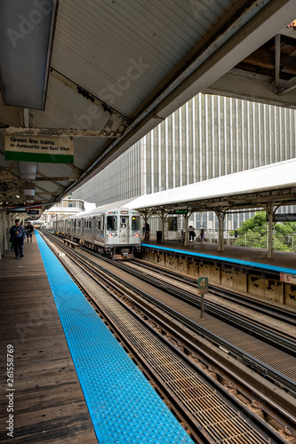 Chicago, USA: August 18, 2018: Elevated Railway Train and Station, Chicago