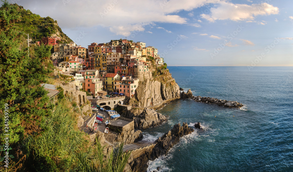 View of Manarola village and Ligurian sea from a hill in Cinque Terre, Italy