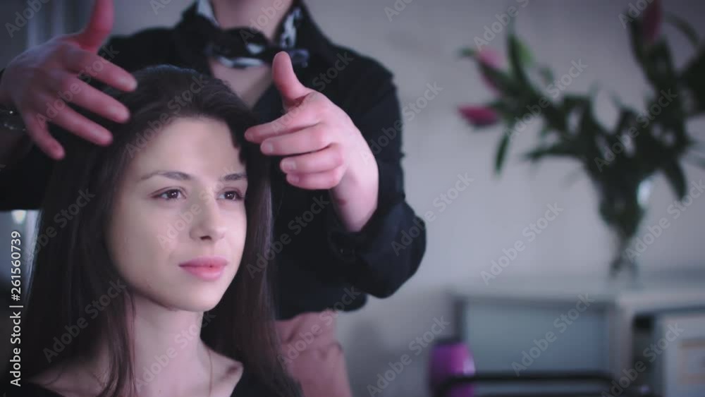 4k Model in Hair Studio, Hairdresser Approaching 