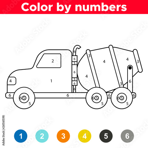Coloring by numbers cute vector concrete mixer truck. Educational game for preschool kids.