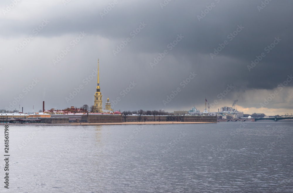 view of Peter and Paul fortress and Neva river on a rainy day in spring, St. Petersburg