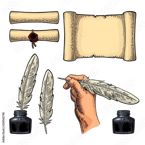 Inkwell and female hand holding a goose feather. Vector engraving
