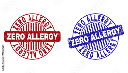 Grunge ZERO ALLERGY round stamp seals isolated on a white background. Round seals with grunge texture in red and blue colors.