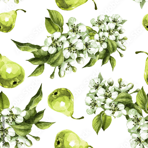 Watercolor seamless pattern of flowering pear branches in the spring garden.
