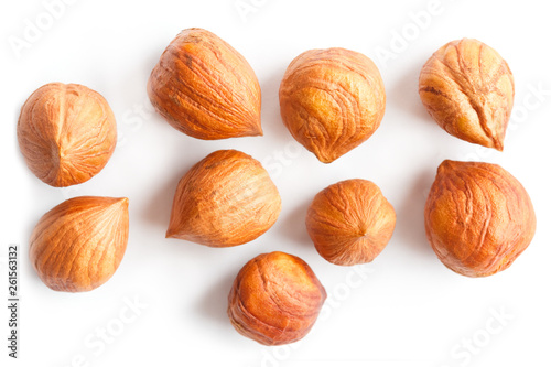 Top view of shelled hazelnuts isolated on white