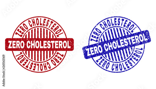 Grunge ZERO CHOLESTEROL round stamp seals isolated on a white background. Round seals with grunge texture in red and blue colors.