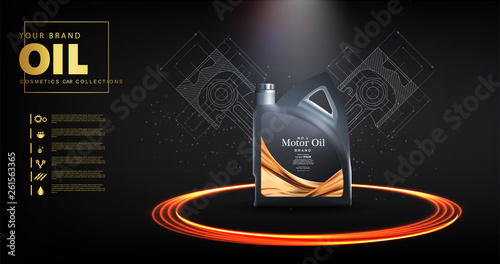 Bottle engine oil on a background a motor-car piston, Technical illustrations. Realistic 3D vector image. canister ads template with brand logo. 	Engine oil advertisement banner