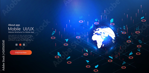Planet earth continent internet of things icon innovation technology concept. Wireless communication network IOT. Spider web of network connections with on a futuristic blue background Global network.