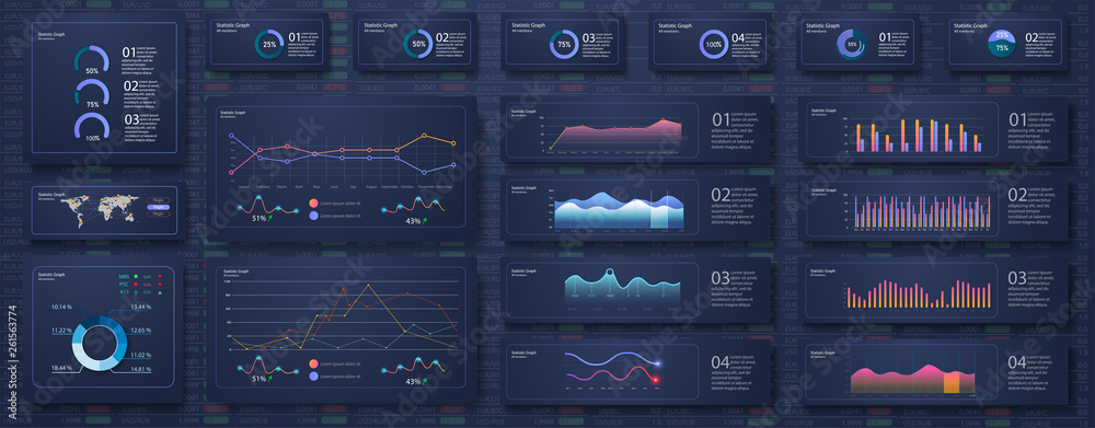Infographic dashboard template with flat design graphs and pie charts Online statistics and data Analytics. Information Graphics elements for UI UX design. Modern style web elements. Stock vector Infographic dashboard template with flat design graphs and pie charts Online statistics and data Analytics. Information Graphics elements for UI UX design. Modern style web elements. Stock vector