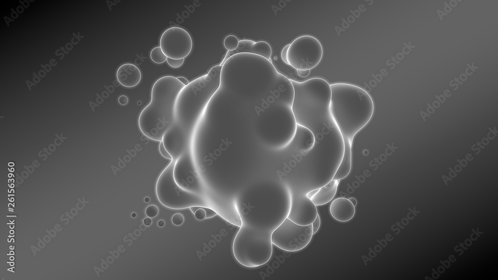 3D illustration of abstract background. Gray gradient with many drops of different shapes and sizes. Balls glow in space. 3D rendering. Futuristic background of many drops of luminous substance 3D illustration of abstract background. Gray gradient with many drops of different shapes and sizes. Balls glow in space. 3D rendering. Futuristic background of many drops of luminous substance