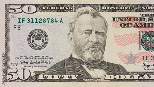 Portrait of former U.S. president Ulysses Grant. macro from 50 dollars