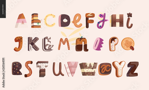 Dessert font - modern flat vector concept digital illustration of temptation font, sweet lettering. Caramel, toffee, biscuit, waffle, cookie, cream and chocolate letters