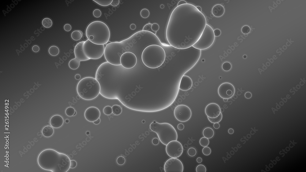 3D illustration of abstract background. Gray gradient with many drops of different shapes and sizes. Balls glow in space. 3D rendering. Futuristic background of many drops of luminous substance