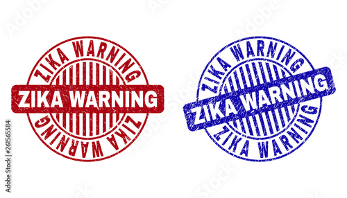 Grunge ZIKA WARNING round stamp seals isolated on a white background. Round seals with grunge texture in red and blue colors.