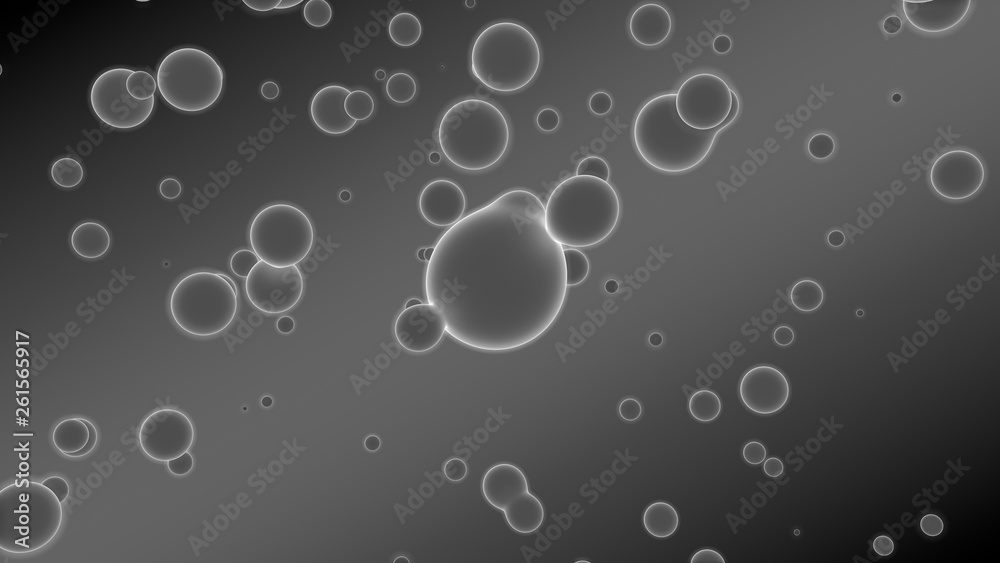 3D illustration of abstract background. Gray gradient with many drops of different shapes and sizes. Balls glow in space. 3D rendering. Futuristic background of many drops of luminous substance 3D illustration of abstract background. Gray gradient with many drops of different shapes and sizes. Balls glow in space. 3D rendering. Futuristic background of many drops of luminous substance