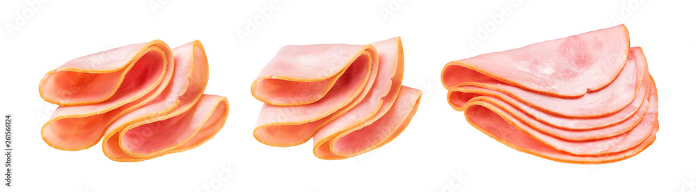 Isolated ham, slices of smoked ham isolated on white background
