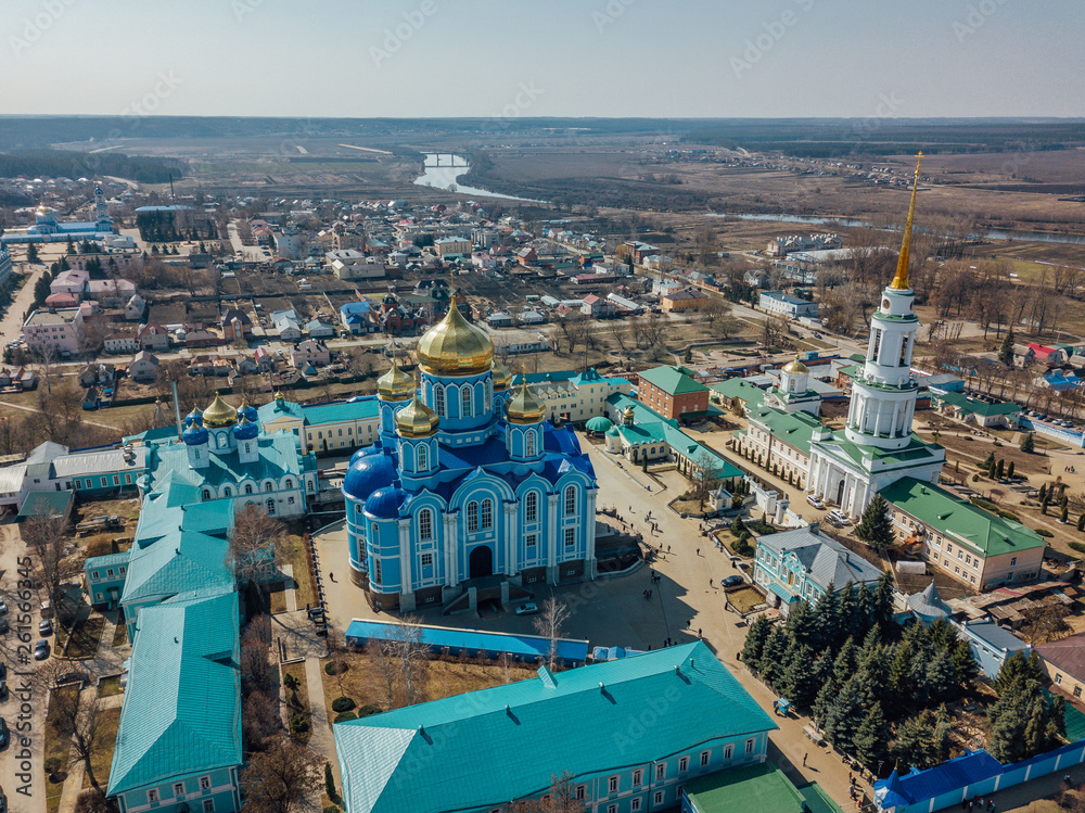 Nativity of Our Lady Monastery and Cathedral of Vladimir icon of Mother of God in Zadonsk, Lipetsk region, aerial view, taken by drone