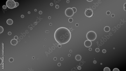 3D illustration of abstract background. Gray gradient with many drops of different shapes and sizes. Balls glow in space. 3D rendering. Futuristic background of many drops of luminous substance