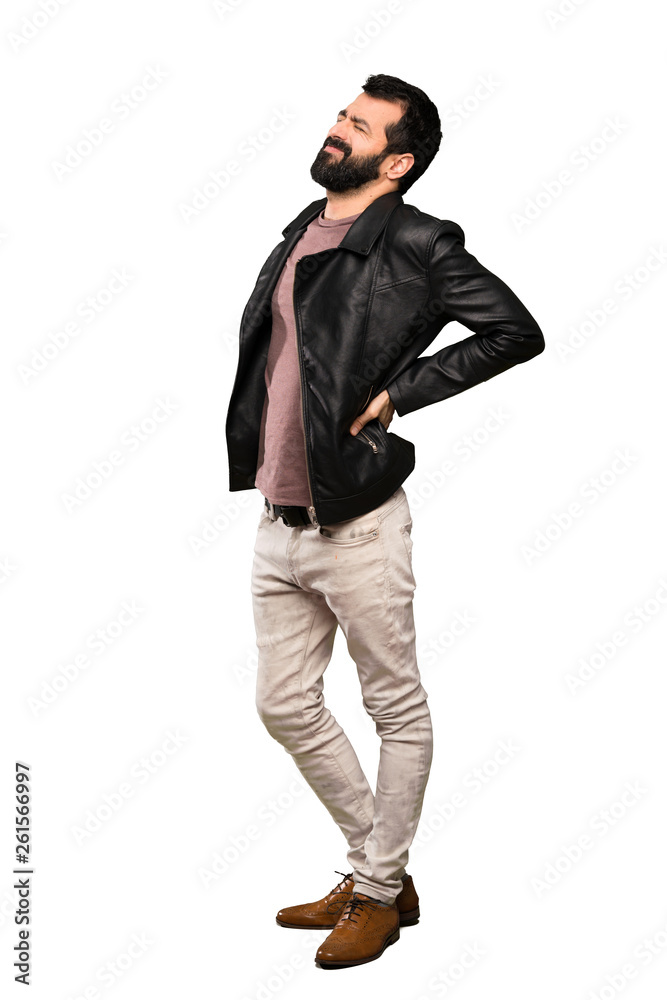 Handsome man with beard suffering from backache for having made an effort over isolated white background Handsome man with beard suffering from backache for having made an effort over isolated white background