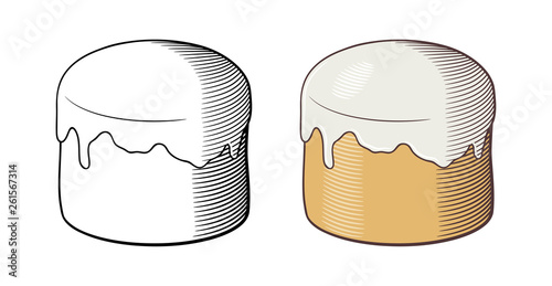Traditional eastern European Easter cake kulich. Retro style vector illustration, outline and colored version