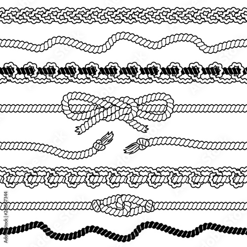 Set of rope seamless borders with loops, tassels and bow. Black and white vector illustration