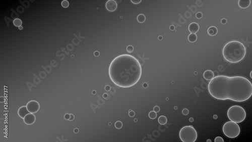 3D illustration of abstract background. Gray gradient with many drops of different shapes and sizes. Balls glow in space. 3D rendering. Futuristic background of many drops of luminous substance