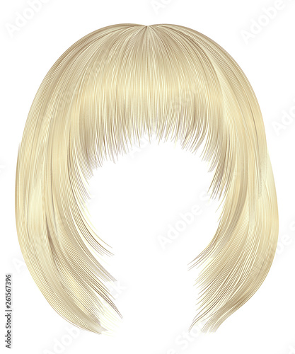 trendy woman hairs bob kare with fringe . light blond colors . medium length . beauty style . realistic 3d .
