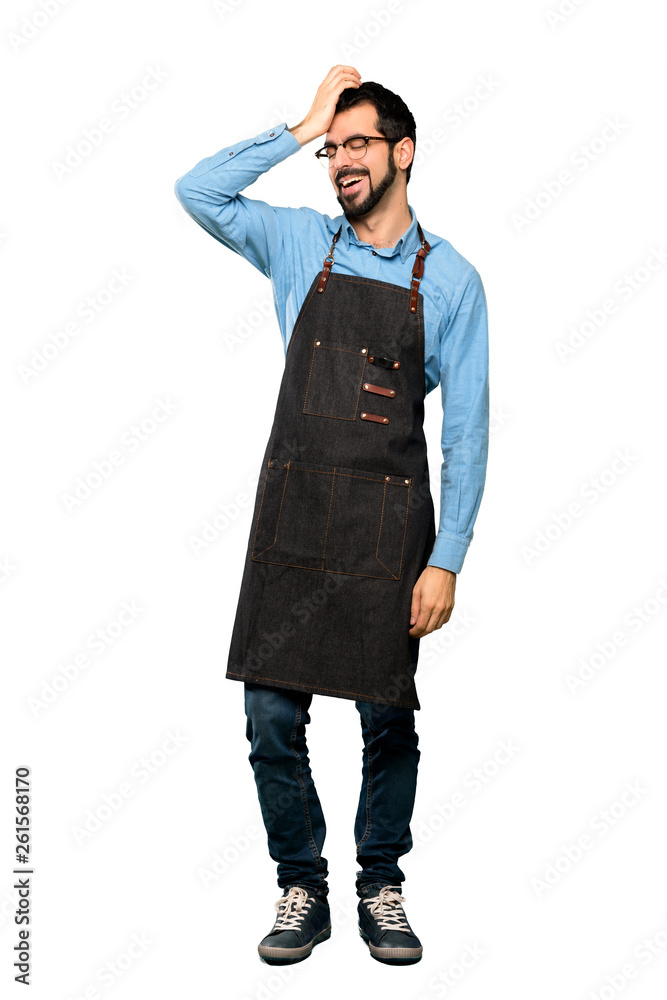 Full-length shot of Man with apron has realized something and intending the solution over isolated white background Full-length shot of Man with apron has realized something and intending the solution over isolated white background
