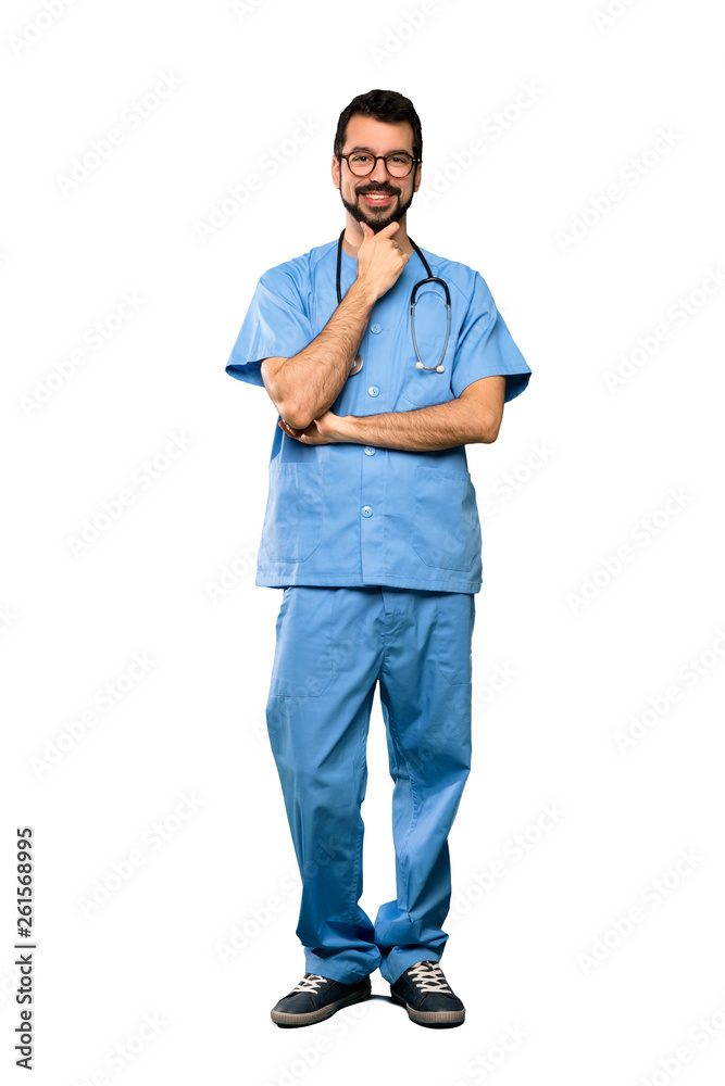 Full-length shot of Surgeon doctor man with glasses and happy over isolated white background Full-length shot of Surgeon doctor man with glasses and happy over isolated white background