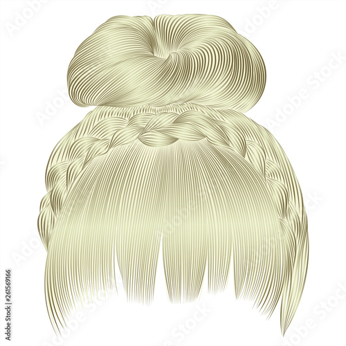 bun with plait and fringe. hairs blond light colors . women fashion beauty style .
