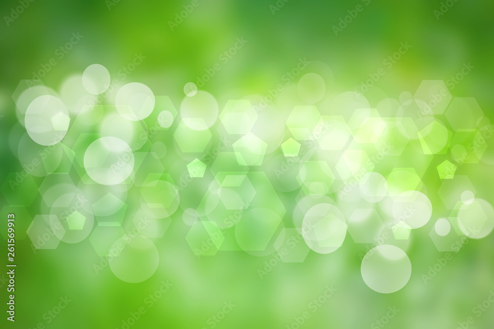 Obraz premium Abstract green light and white summer bokeh background. Blurred bright light.