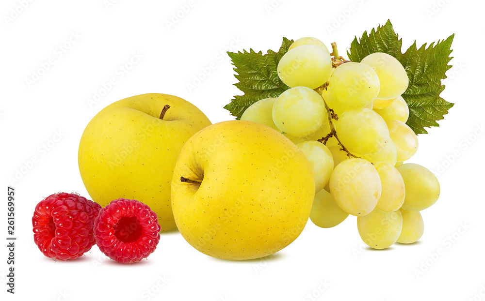 Fresh yellow apples with grapes and raspberry isolated on white background with clipping path Fresh yellow apples with grapes and raspberry isolated on white background with clipping path