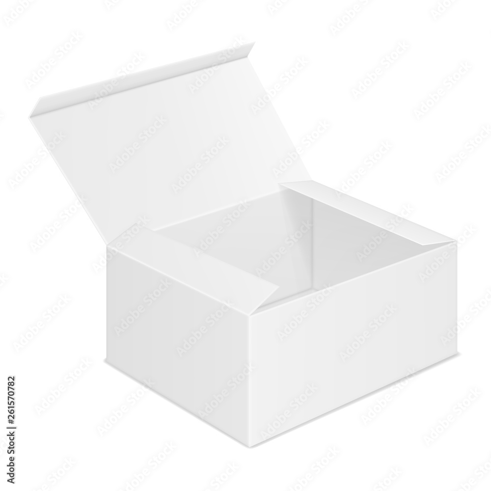 Vector realistic image (mock-up, layout) of an open rectangular paper box, view in perspective. Isolated on white. The image was created using gradient mesh. Vector EPS 10. Vector realistic image (mock-up, layout) of an open rectangular paper box, view in perspective. Isolated on white. The image was created using gradient mesh. Vector EPS 10.