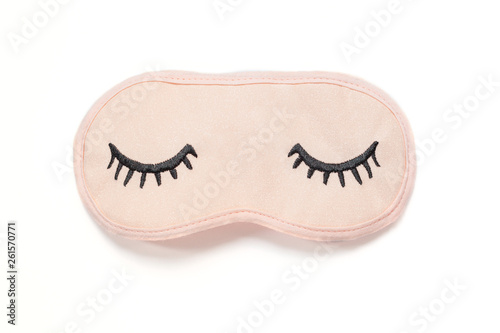 Wallpaper Mural Pastel pink sleep mask with closed eyes embroidered on it with eyelashes on white background. Top view, flat lay. Concept of vivid dreams. Accessories for girls and young women. Torontodigital.ca