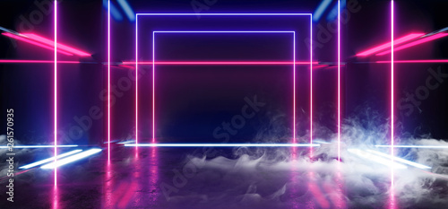 Smoke Smoke Construction Hall Grunge Glossy Concrete Futuristic Sci-FI Empty Dark Reflective Modern Stage Room With Blue And Purple Glowing Neon Lights Background Virtual Path Background 3D Rendering