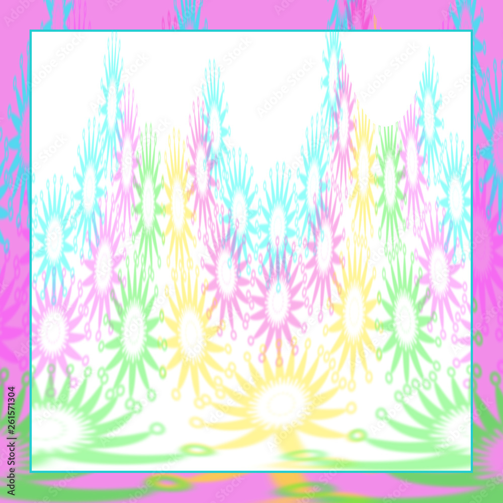 Abstract floral design in pastel colors of aqua blue, pinks, yellow and green.  Pink border with design flowing through it.