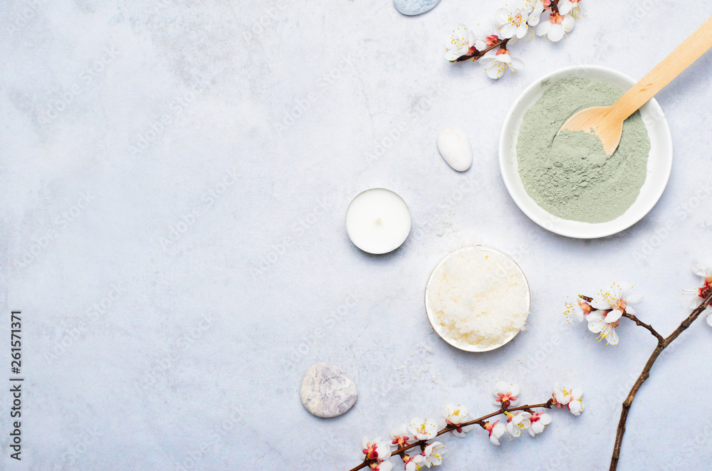 Fototapeta premium Spa Wellness Background, Natural Cosmetics, Clay Powder and Sugar Scrub