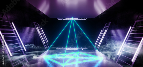 Smoke Stage Construction Virtual Dance Pyramid Neon Laser Ultraviolet Purple Pink Blue Fluorescent Sci Fi Futuristic Retro Light Tubes Scene Grunge Concrete Reflective Podium Corridor 3D Rendering