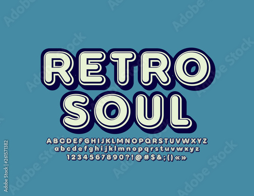 Vector blue emblem Retro Soul with 3D Font. Vintage isometric Alphabet Letters, Numbers and Symbols 